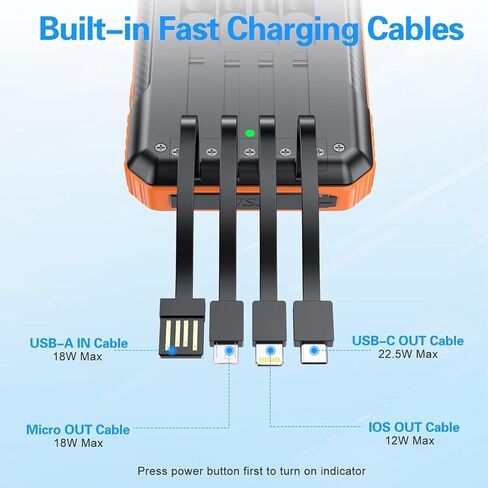 Power Bank Wireless Charger 52800mAh تم تصميمه في 4 كابلات 7 مخرجات 22.5W بنك الطاقة السريع لجميع الأجهزة المحمولة 4Inputs شاحن الطاقة الشمسية مع المصابيح المزدوجة (البرتقالي) in Saudi Arabia