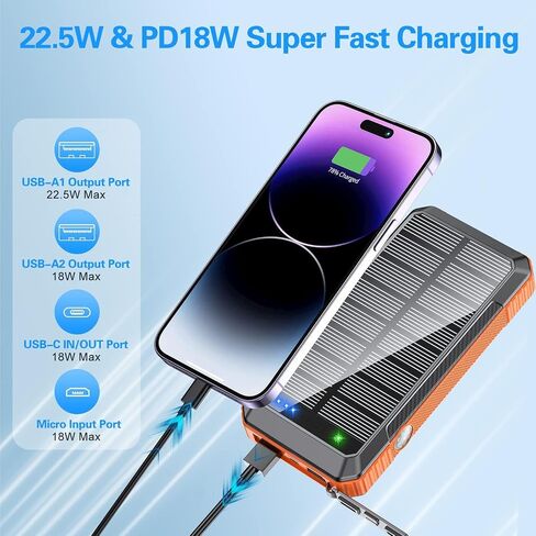 Power Bank Wireless Charger 52800mAh تم تصميمه في 4 كابلات 7 مخرجات 22.5W بنك الطاقة السريع لجميع الأجهزة المحمولة 4Inputs شاحن الطاقة الشمسية مع المصابيح المزدوجة (البرتقالي) in Saudi Arabia