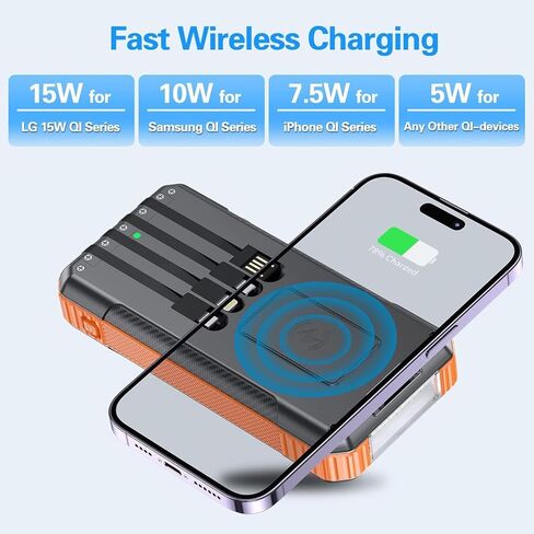Power Bank Wireless Charger 52800mAh تم تصميمه في 4 كابلات 7 مخرجات 22.5W بنك الطاقة السريع لجميع الأجهزة المحمولة 4Inputs شاحن الطاقة الشمسية مع المصابيح المزدوجة (البرتقالي) in Saudi Arabia