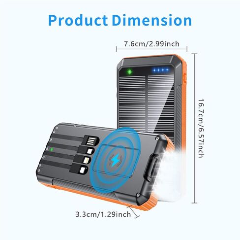 Power Bank Wireless Charger 52800mAh تم تصميمه في 4 كابلات 7 مخرجات 22.5W بنك الطاقة السريع لجميع الأجهزة المحمولة 4Inputs شاحن الطاقة الشمسية مع المصابيح المزدوجة (البرتقالي) in Saudi Arabia