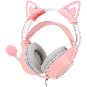 Asixxsix Cat Ear Gaming Headset, RGB Lighting Wired Gaming Headphone with Mic, Surround Sound, Omni Directional Adjustable Headband Over Ear Headphone for PC Laptop Game Console (Roseate)