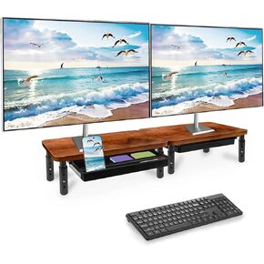 Monitor Stand with Storage Drawer, 2 Pcs Wood Riser with Metal Bracket for Desk, Adjustable Desk Shelf for Top of Desk 3 Levels of Height & Angle, Computer Laptop Desktop Organizer Rustic Brown