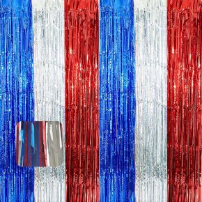 4th of July Decorations, 2Pack Red White and Blue Decorations, Tinsel Foil Fringe Curtains, Metallic Party Backdrop for Independence Day, Patriotic Celebrations (3.28 × 8.2 ft)