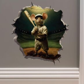 Baseball Mouse in Mouse Hole Decal - Mouse Hole 3D Wall Sticker