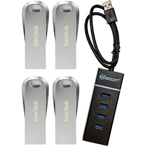 SanDisk Ultra Luxe 32GB USB 3.1 Flash Drive (4 Pack) Works with Computer, Laptop, 150MB/s PenDrive High Speed All Metal (SDCZ74-032G-G46) Bundle with (1) Everything But Stromboli 4 Port USB 3.0 Hub