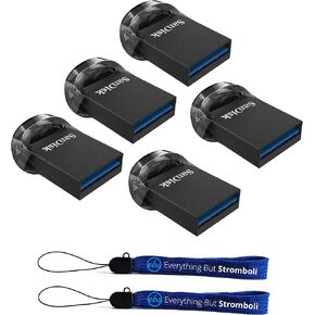 SanDisk 512GB Ultra Fit USB 3.1 Flash Drive (Bulk 5 Pack) Low Profile (SDCZ430-512G-G46) High Speed Memory Pen Drive Bundle with (2) Everything But Stromboli Lanyard