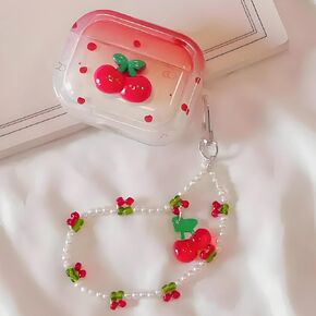 Compatible for AirPods Pro 2 Case, Ombre 3D Cherry AirPods Pro 2 Generation Protective Case with Pearl Keychain for Girls Women, Shockproof Skin Cover for Airpods Pro 2, Rose Pink
