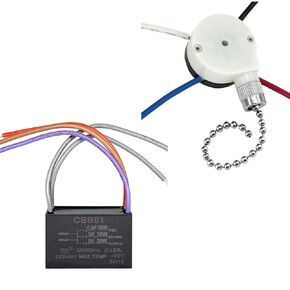 YukiHalu Ceiling Fan Pull Chain Switch 3 Speed 4 Pre-Installed Wires, Ceiling Fan Capacitor CBB61 4.5uf + 6uf + 6uf 5 Wires 250V, Light Switch for Fan and Light(Nickel)
