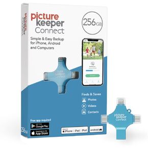 Picture Keeper Connect for iPhone, Android, USB-C, PC & Mac - 256GB USB Stick Backup for Photos, Videos, Contacts, Flash Drive Memory Backup, External Storage Thumb Drive - 256GB, Turqoise