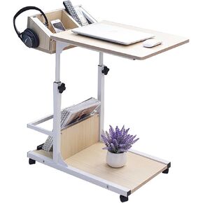 Overbed Table Adjustable with Wheels | Mobile Rolling Standing Desk | Portable Laptop Computer Desk | Wood Side Table for Home Office Sofa Bed Tray