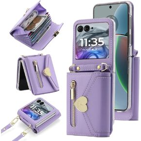 for Motorola Razr 2024 Wallet Case with Crossbody Strap, Women Girls Premiuim Leather Large Capacity Card Slot Case Heart Shaped Buckle Zipper Flip Cover for Motorola Razr 50 2024 Green