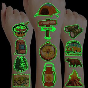 96PCS Camping Camp Camper Campfire Pre-Cut Temporary Tattoos for Kids | Super Cute Themed Birthday Party Favors, Supplies, Decorations, Fake Tattoo Stickers (multiple)
