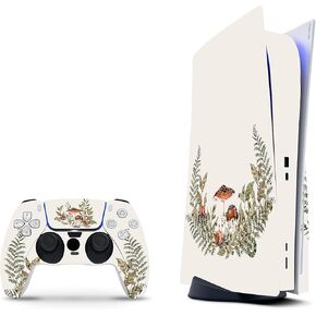 ZOOMHITSKINS Compatible with PS5 Skin, Vintage Beige Mushroom Forrest Botanic Durable, Bubble-Free, W/Disk Version, Precisely Cut