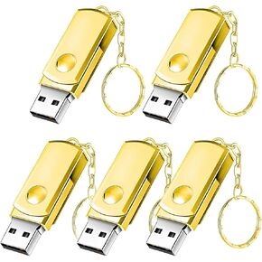 USB Flash Drive 2GB 5 Pack, Hrich USB 2.0 2GB 5 Pack USB Flash Drive with Keychain, Memory Stick High Speed ​​Data Storage, for Transferring Music, Photos, Documents and Videos(2GB Gold)