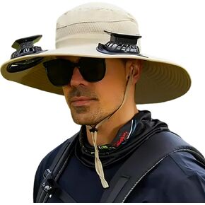 Solar Fan Hat for Men, Wide Brim Outdoor Fishing Hat 2 Solar Powered Fans 3-Speed Adjustable Cooling for Hiking, Camping