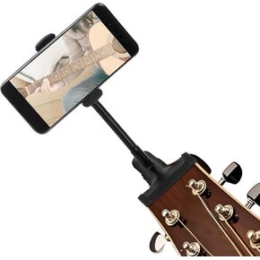 Guitar Head Phone Holder Mount, Black Adjustable Gooseneck Stand Clip Fit for iPhone & All 4.5-7 in Phones for Guitar Bass Living Broadcast Watching Courses Recording Video