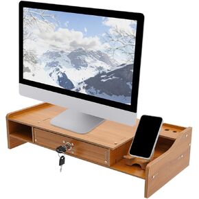 Wood Monitor Riser with Lockable Drawer, Computer/Laptop/PC Stand for Desk Organizer for Homes, Schools Monitor Stand Capacity 5.51-11.02 Lbs with Phone Holder & Pen Holes