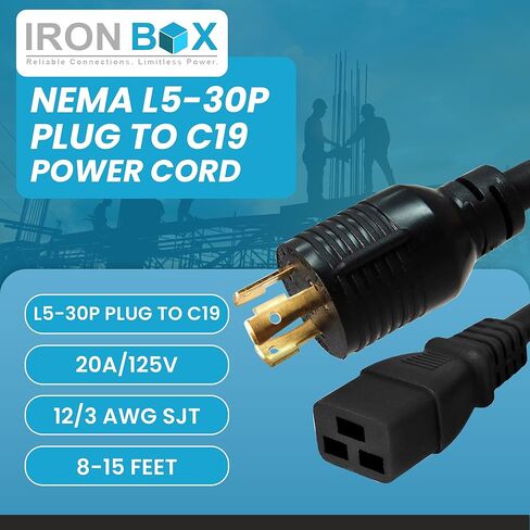 IronBox NEMA L5-30P Plug to C19 Connector Power Cord - 20A, 125V, 12/3 AWG SJT - UL Listed Plug and Power Cords - Heavy Duty Power Supply Cables for Monitor, Computer PSU, Data Centers, & More (8 ft) in Saudi Arabia