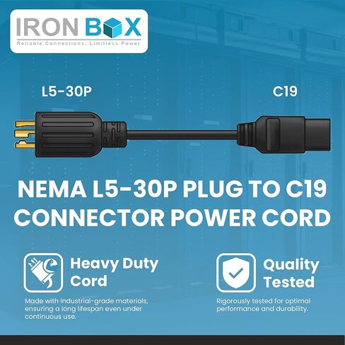 IronBox NEMA L5-30P Plug to C19 Connector Power Cord - 20A, 125V, 12/3 AWG SJT - UL Listed Plug and Power Cords - Heavy Duty Power Supply Cables for Monitor, Computer PSU, Data Centers, & More (8 ft) in Saudi Arabia