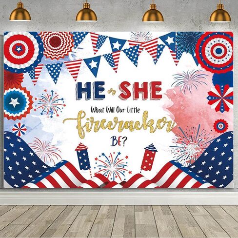 MEHOFOND 7x5ft 4th of July Gender Reveal Backdrop He or She What Will Our Little Firecracker Be Party Decorations Banner Red Blue Independence Day Patriotic Theme Baby Shower Photography Background in Saudi Arabia