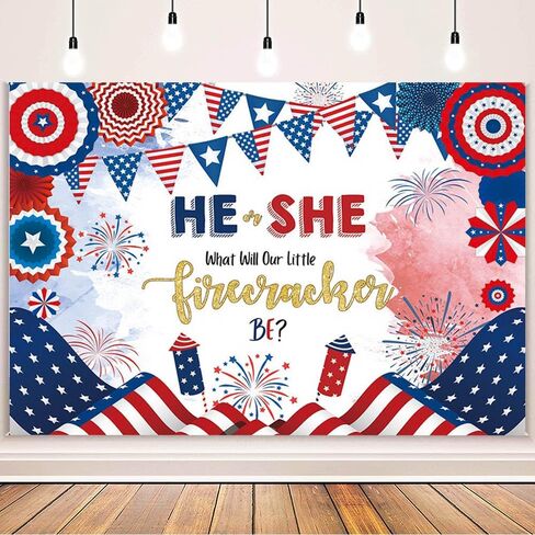MEHOFOND 7x5ft 4th of July Gender Reveal Backdrop He or She What Will Our Little Firecracker Be Party Decorations Banner Red Blue Independence Day Patriotic Theme Baby Shower Photography Background in Saudi Arabia