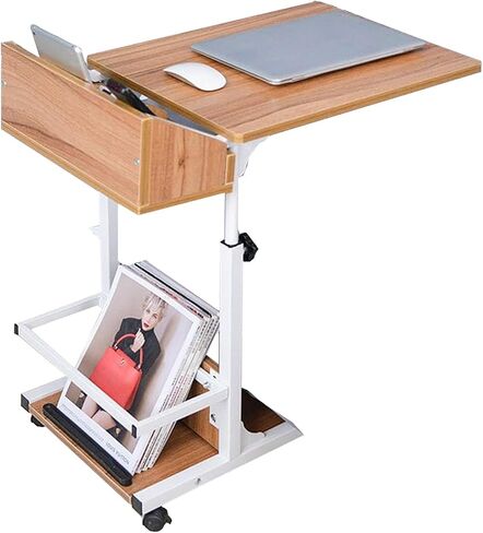 Overbed Table Adjustable with Wheels | Mobile Rolling Standing Desk | Portable Laptop Computer Desk | Wood Side Table for Home Office Sofa Bed Tray in Saudi Arabia