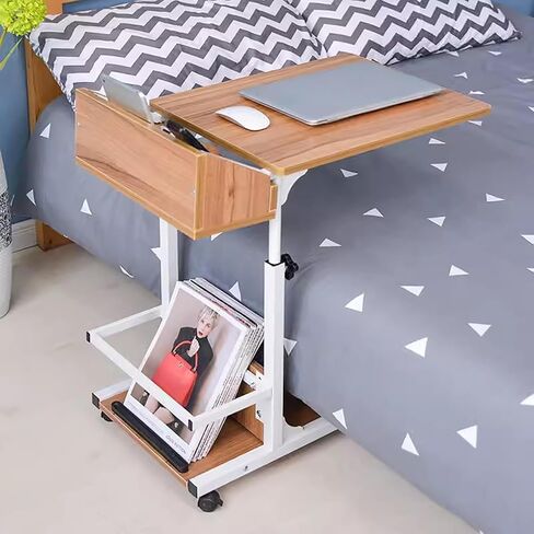 Overbed Table Adjustable with Wheels | Mobile Rolling Standing Desk | Portable Laptop Computer Desk | Wood Side Table for Home Office Sofa Bed Tray in Saudi Arabia