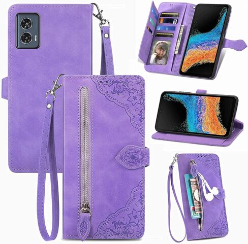for Moto Edge 2024 Zipper Wallet Case,Moto Edge 2024 Case,Premium Magnetic Closure Stand Function Folio PU Leather Flip Cover Inner Soft TPU Case for Motorola Edge 5G 2024 -Purple in Saudi Arabia
