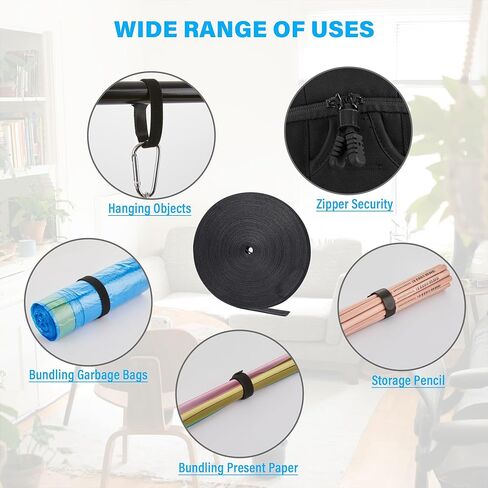 8 Yards x 1 Inch Adjustable Black Cable Straps – Reusable Hook and Loop Fastening Ties Roll with Free Cut Length for Wire Management and Cord Organization in Kuwait