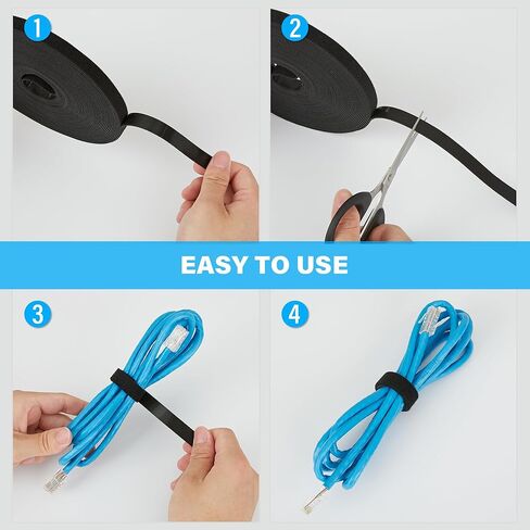 8 Yards x 1 Inch Adjustable Black Cable Straps – Reusable Hook and Loop Fastening Ties Roll with Free Cut Length for Wire Management and Cord Organization in Kuwait