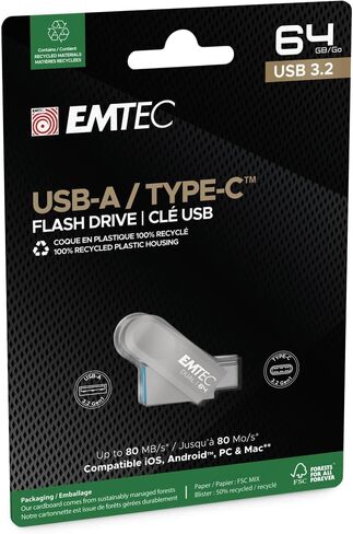 EMTEC - USB 3.2 USB-A Type-C Dual D280 ECMMD64GD283 - Flash Drive Universal Compatibility USB 3.2 - Read 80MB/s, Write 20MB/s, Eco Design, 64GB/GB in Saudi Arabia