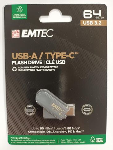EMTEC - USB 3.2 USB-A Type-C Dual D280 ECMMD64GD283 - Flash Drive Universal Compatibility USB 3.2 - Read 80MB/s, Write 20MB/s, Eco Design, 64GB/GB in Saudi Arabia