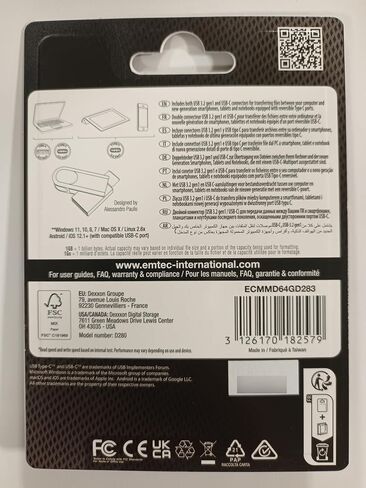 EMTEC - USB 3.2 USB-A Type-C Dual D280 ECMMD64GD283 - Flash Drive Universal Compatibility USB 3.2 - Read 80MB/s, Write 20MB/s, Eco Design, 64GB/GB in Saudi Arabia