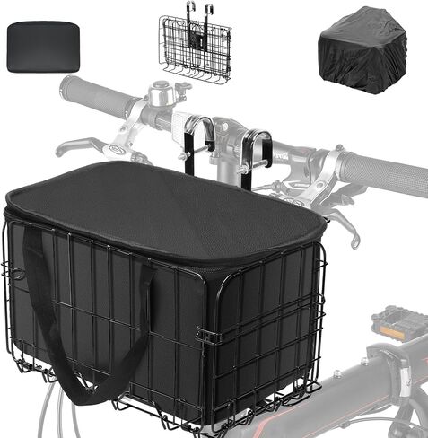 Folding Rear Bike Basket, Metal Rear Bicycle Basket with PU Liner Bag and Waterproof Cover, Quick Release Design Bicycle Frame Basket for Most Rear Mounted Bike Rack in Saudi Arabia