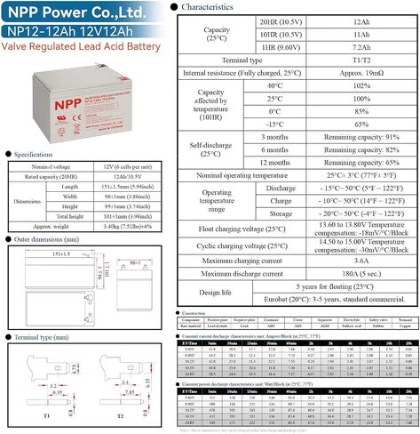 NPP NP12-10Ah(F2, 2 Pcs) 12V 10Ah Rechargeable SLA Scooter Battery With F2 Style Terminals for Pride Mobility GoGo Scooter, BP12-12, Neuton Mowers CE5 UB12100-S, Security Systems in Saudi Arabia