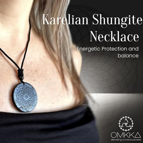 عقد بقلادة كاريليان شونجيت من اومكا | رمز زهرة الحياة الهندسية المقدسة | مجوهرات تعويذة كريستال الشفاء والحماية الروحية | تميمة شاكرا للتامل، حبل مصنوع يدويًا، شونجيت in Kuwait