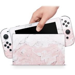 ZOOMHITSKINS OLED Switch Skin, Compatible with Switch OLED Skin Wrap, Marbled Pink White Cute Pastel Planet Gem Granite, 3M Vinyl for Durable & Fit, Made in The USA