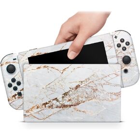 Zoomhitskins OLED SWITCH SNOW ، متوافق مع التفاف الجلد OLED ، الخزف الرخامي النحاس النحاس الخلفية الخلفية ذات النسيج الخلفية الفاتح الذهبية ، 3M فينيل لدائم وتناسب ، مصنوع في الولايات المتحدة الأمريكية