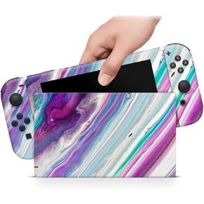 ZOOMHITSKINS OLED Switch Skin, Compatible with Switch OLED Skin Wrap, Purple Line Opal Lavender Gemstone Mint Gloss Diamond Quartz Stone, 3M Vinyl for Durable & Fit, Made in The USA