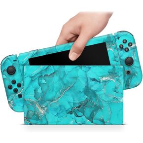 ZOOMHITSKINS OLED Switch Skin, Compatible with Switch OLED Skin Wrap, Aquamarine Rock Gem Granite Blue Gold, 3M Vinyl for Durable & Fit, Made in The USA