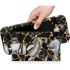 ZOOMHITSKINS OLED Switch Skin, Compatible with Switch OLED Skin Wrap, Stone Bright Gold Black Shine Gem, 3M Vinyl for Durable & Fit, Made in The USA