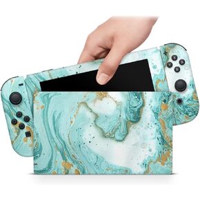 ZOOMHITSKINS OLED Switch Skin, Compatible with Switch OLED Skin Wrap, Dolomite Marble Carbonate Minerals Rock Aqua Opal Turquoise Glossy Gold, 3M Vinyl for Durable & Fit, Made in The USA