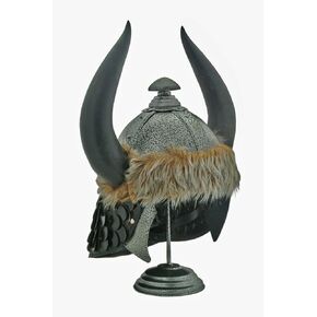 SZCO Supplies Steel Barbarian Norse Viking Helmet for Men – Fully Functional Medieval Helmet with Horns, Faux Fur, Scales, Helmet Display Stand, 8"x14"x18", Viking Helmet Men Cosplay Vikings Helmet