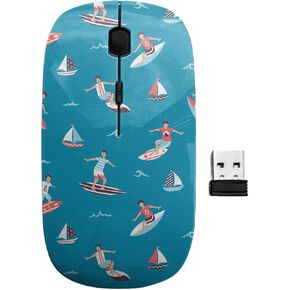 2.4GHz USB Wireless Mouse, Surfers On Surfboards Sea Pattern, Ergonomic Slim Computer Mice for Kids