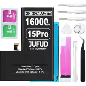 16000mAh Replacement Battery for iPhone 15 Pro, High-Capacity 0 Cycle Li-Polymer Battery - Compatible with Models A3104 A2848 A3101 A3102 Includes Full Repair Kit