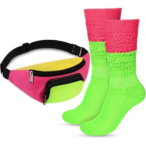 Hicarer 80s Costume Accessories for Women Girls Neon Retro Fanny Pack Pink Slouch Socks Retro Belt Bag Long Scrunch Sock for 80s 90s Party Outfits in Saudi Arabia