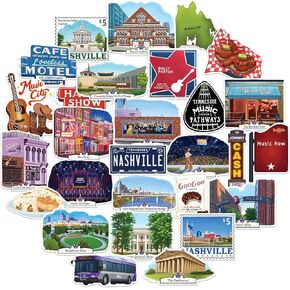 Navy Peony Lively Nashville Travel Stickers (28pcs) - Hand-Illustrated, Gouache Style, America City-Themed Stickers for Scrapbooks, Journals, Laptop
