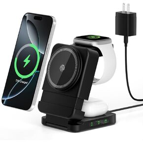 Foldable Wireless Charger, 3 in 1 Mag-Safe Charging Station for Apple Samsung Multi Devices Charging, Magnetic Charging Stand, Portable Travel Fast 15W Charger Station for Phone, TWS, iWatch