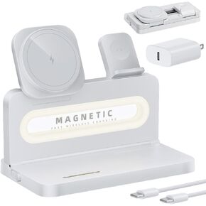 3 in 1 Wireless Charging Station for Apple MagSafe Charger,Magnetic Wireless Charger Stand for iPhone 16 15 14 13 12,Foldable Nightstand Charging Dock for Apple Devices iWatch,AirPods with Night Light