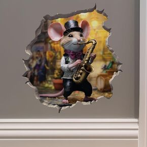 Saxophone Mouse in Mouse Hole Decal - Mouse Hole 3D Wall Sticker